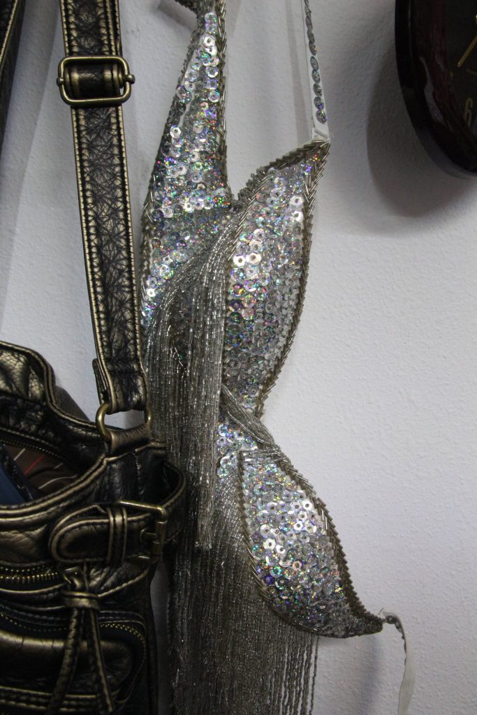 A bedazzled bra hangs next to a vintage purse (Photo by Marina Blatt)