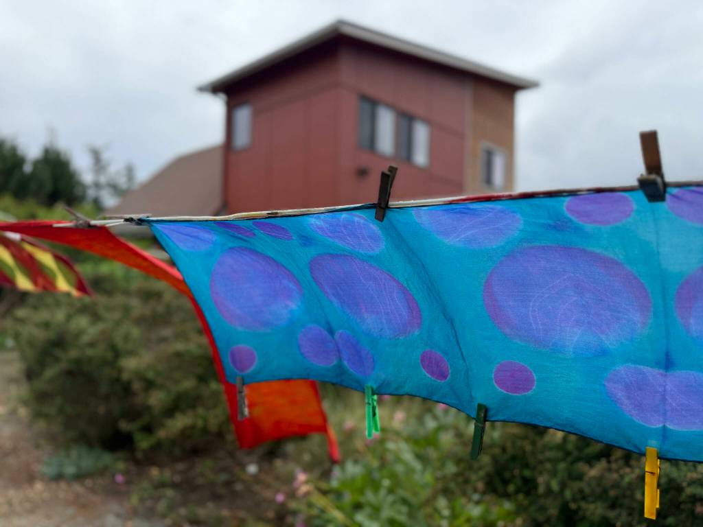 Dyed fabrics flap in the wind. The class explores what happens when color is repeatedly added and removed through sequential shibori techniques (Photo by Matt Neinhuis)