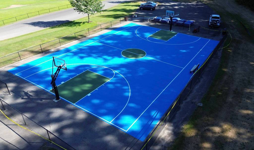 Photo courtesy of South Whidbey Parks and Recreation 
An aerial view shows the newly resurfaced basketball court in South Whidbey Community Park.