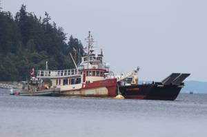 The sinking "Shark Lady" is sandwiched between a "Hazmat Rescue" vessel on the left, and the "San Juan Enterprise," on the right, which is certified by the US coast guard to legally  haul flammable liquids, according to its website.