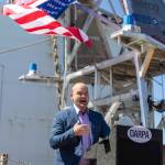 DARPA Director Stephen Winchell speaks at the christening of the USX-1 Defiant, a first-of-its-kind autonomous naval ship, at Everett Ship Repair on Monday, Aug. 11, 2025 in Everett, Washington. (Olivia Vanni / The Herald)