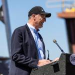 Nichols Brothers Boat Builders CEO Gavin Higgins speaks at the christening of the USX-1 Defiant, a first-of-its-kind autonomous naval ship, at Everett Ship Repair on Monday, Aug. 11, 2025 in Everett, Washington. (Olivia Vanni / The Herald)