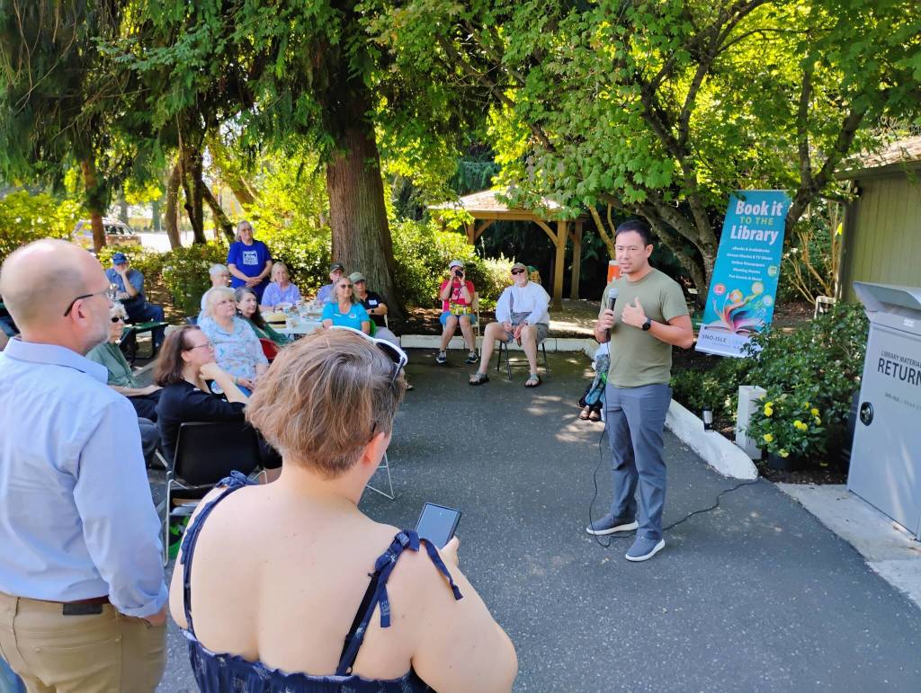 (Photo provided) Rep Clyde Shavers spoke in front of the Whidbey residents at Clinton Library.