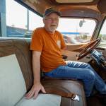 (Photo by David Welton) Jeff Faris sits in his cream-and-tan 1959 Chevrolet Apache, the interior done by Artisan Stitchworks, won Outstanding Interior Truck at the Portland Roadster show in March this year.