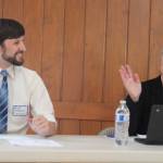 School board presidents Brook Willeford from South Whidbey school district and Morgan White from Coupeville school district discuss funding needs. (Photo by Marina Blatt)