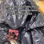(Photo from @elcazwhidbey on TikTok) Jose Rodriguezs cousin, Tony Lopez, hides in a garbage bag to eat the overcooked carne asada for a TikTok video that racked up eight million views.