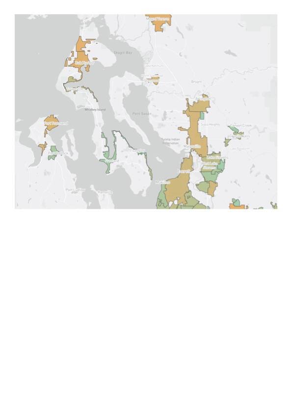 The tree equity map shows the scores on the urban and semi-urban areas of Whidbey Island. The darker green connotes the higher scores.