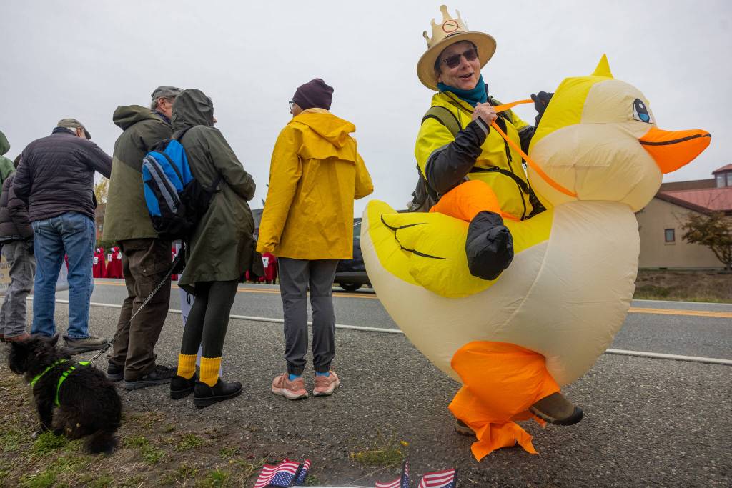 A protestor rides a duck at the rally. (Photo by Sailing with Paul Porter)
Photos by Sailing with Paul Porter