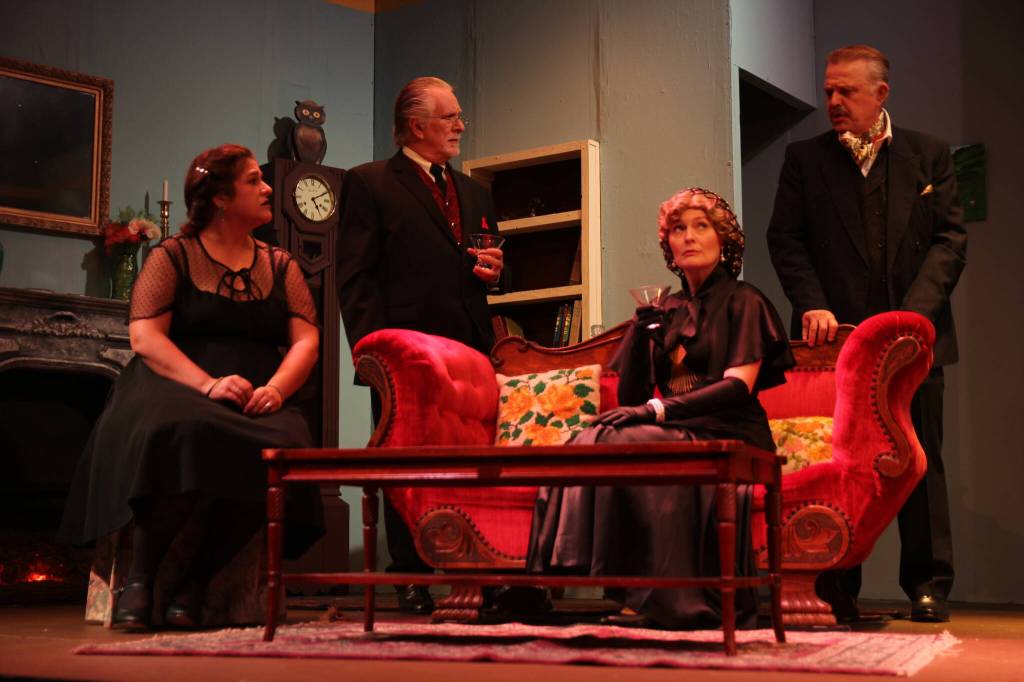 Charles and Ruth have their friends over for an experience with a medium. From left are Shealyn Christie (Ruth), Ben Honeycutt (Dr. Bradman), Kellen Cox (Mrs. Bradman) and Lachlan Waterbury (Charles). (Photo by Marina Blatt)