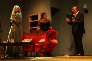 Charles tries to get rid of the ghost of his first wife but all of his insults land on his second wife. From left are Abby Thuet (Elvira), Shealyn Christie (Ruth) and Lachlan Waterbury (Charles).
(Photo by Marina Blatt)