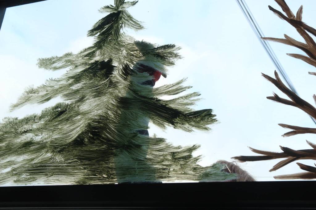 Photo by Marina Blatt. Oola Fisher paints an evergreen tree, a Whidbey staple.
