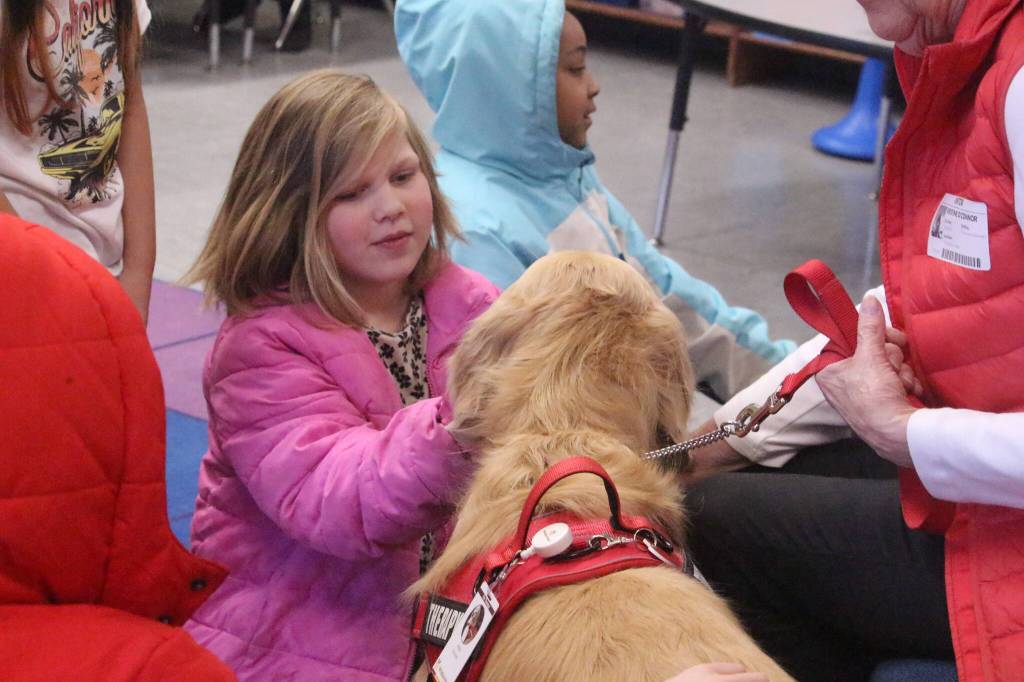 Photo by Marina Blatt. Kids first asked OConnor if they could pet Addy before giving her some much-deserved head scratches.