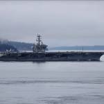 Photo by Sarah Geist. Sarah Geist, a well-known South Whidbey photographer, used a boating app she usually uses to follow whale-watching boats to track the storied aircraft carrier as it passed Whidbey Island.