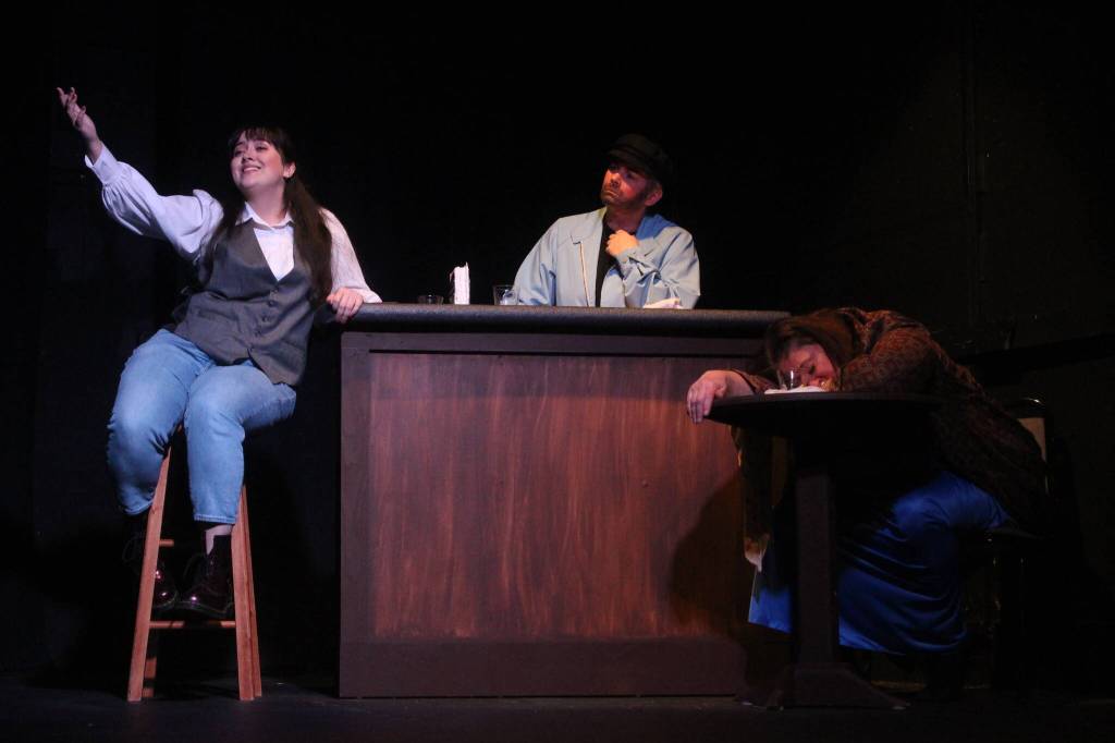Photo by Marina Blatt. Whidbey Playhouses production of Women Playing Hamlet, directed by Kevin Meyer, is a laugh-out-loud comedy that doesnt just break the fourth wall, it expects the audience to participate with fervor. From left are Trinity Slowik,Juliana Bozsik and Katie Jones.