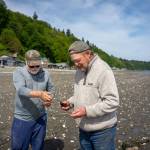 Photos by David Welton
Brighton Beach neighbors Shawn Van Gieson, left, and Willams Graves check their oyster nets in front of their Clinton homes. Both say they benefitted from connecting with the Whidbey Oyster Network started by Salinity Seafood & More.