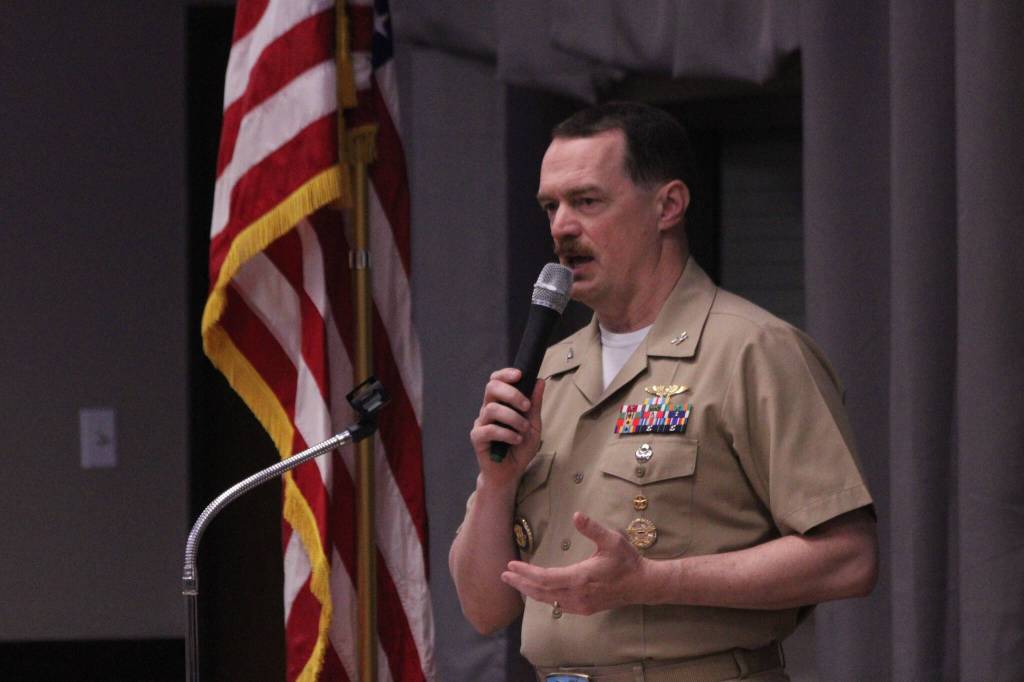 Photo by Allyson Ballard
Capt. Nathan Gamamche, the commanding officer of Naval Air Station Whidbey Island, spoke during the luncheon.