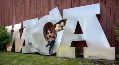 Photo by David Welton. A large metal sign outside of WICA is unmistakable from far away.