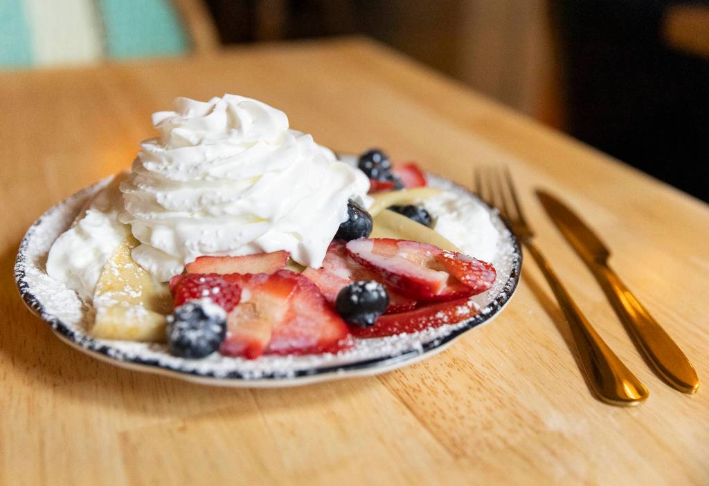The berries and cream crepe offered at Merriweather Creperie on March 12, 2026 in Langley.