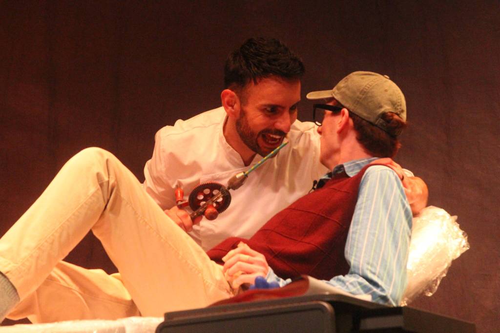 While the dentist, Orin Scrivello, D.D.S., is unquestionably villainous, his larger-than-life creepiness, as well as a slightly closeted homosexual interpretation of the character, is part of the appeal. From left are Cris Matochi and Ethan Johnson.