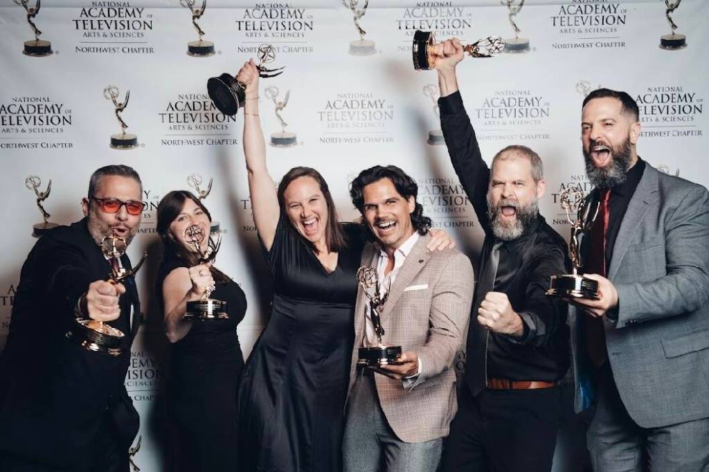 (Vivian Hsu Photography) The The Last Reefnetters team holds up Emmys as bright as their smiles. From left are Greg Cohen, Sarah Hoffman, Sarah Menzies, Samuel Wolfe, Tyler Rowe and Adam Spiro Brown.